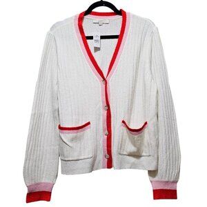 Loft Women's White Cardigan With Red Accents, Ribbed Knit Design, Button-Up Fron